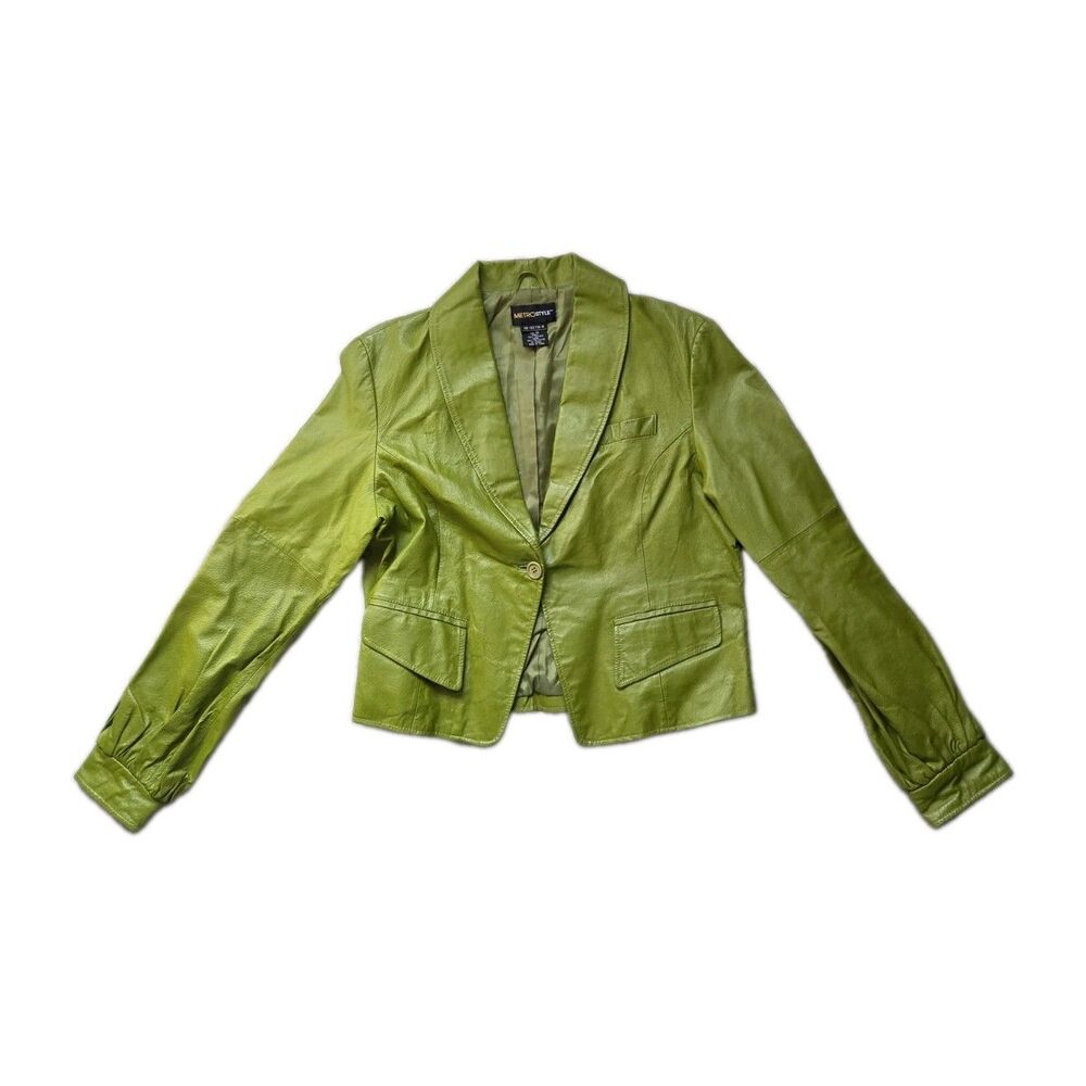VTG Metrostyle Lime Green 100% Leather Blazer Jacket Single Button Size 14 EUC